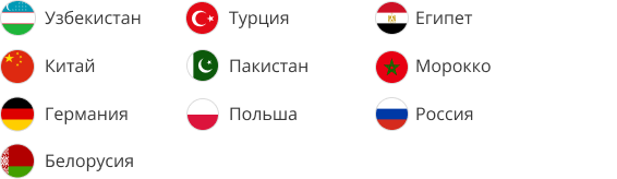 Узбекистан, Китай, Германия, Белоруссия, Турция, Пакистан, Польша, Египет, Марокко и Россия